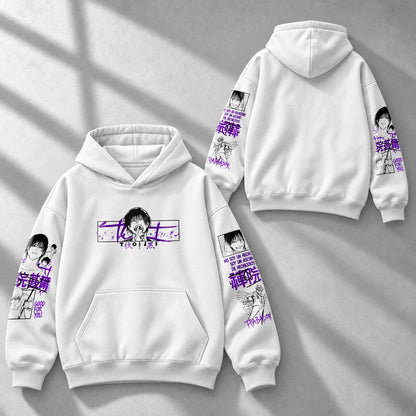 Hoodie TOJI FUSHIGURO — Jujutsu Kaisen, Blanco 280 g, pecho + mangas: frente y espalda en composición diagonal.