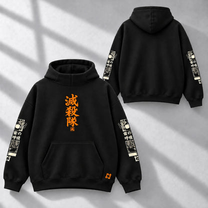 Hoodie Zenitsu Agatsuma de Kimetsu no Yaiba en High Neck negro de 280 g, diseño pecho + mangas: vistas frontal y trasera — NEXO Street.