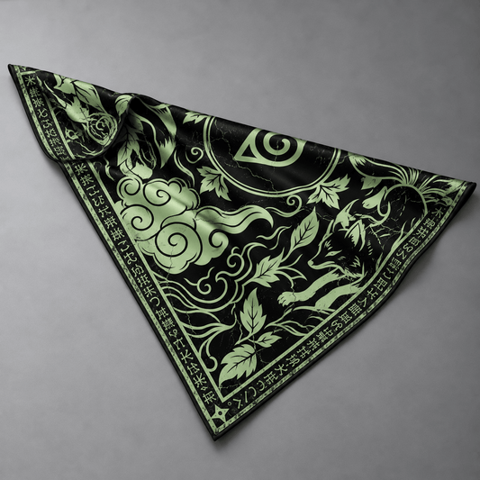 Bandana KONOHA de seda con estampado verde, símbolo de la Hoja y zorro sobre fondo negro; vista general.