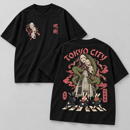 Camiseta Tokyo City Tres máscaras de Jujutsu Kaisen NEXO Street: frente y espalda en algodón negro liso de 300 g.