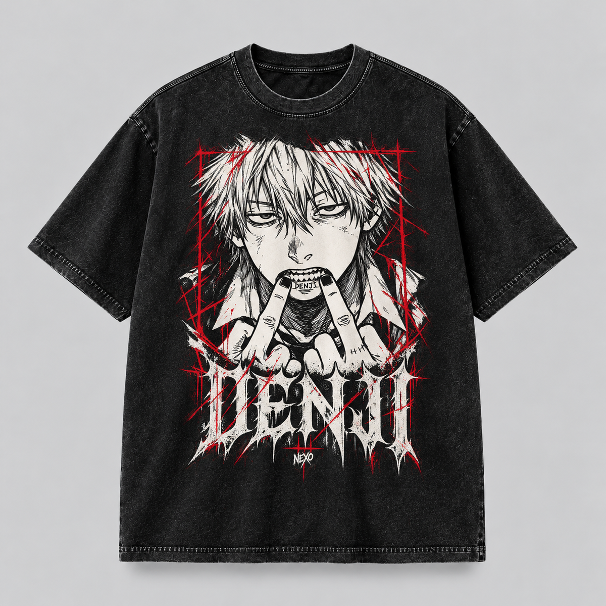 Camiseta Denji Chainsaw Man NEXO Street, frente en algodón peruano negro acid wash