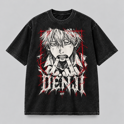 Camiseta Denji Chainsaw Man NEXO Street, frente en algodón peruano negro acid wash
