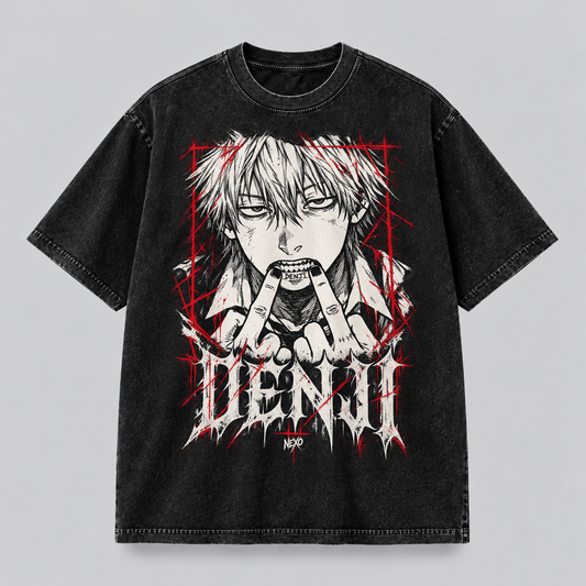 Camiseta Denji Chainsaw Man NEXO Street, frente en algodón peruano negro acid wash