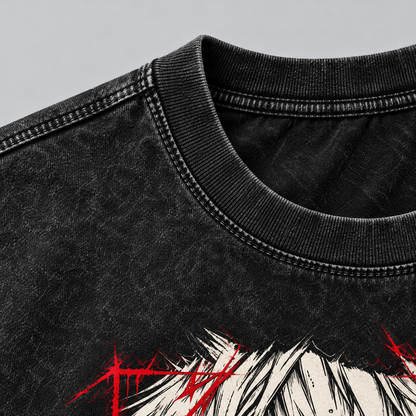 Closeup del cuello, las costuras y la textura de algodón peruano negro acid wash