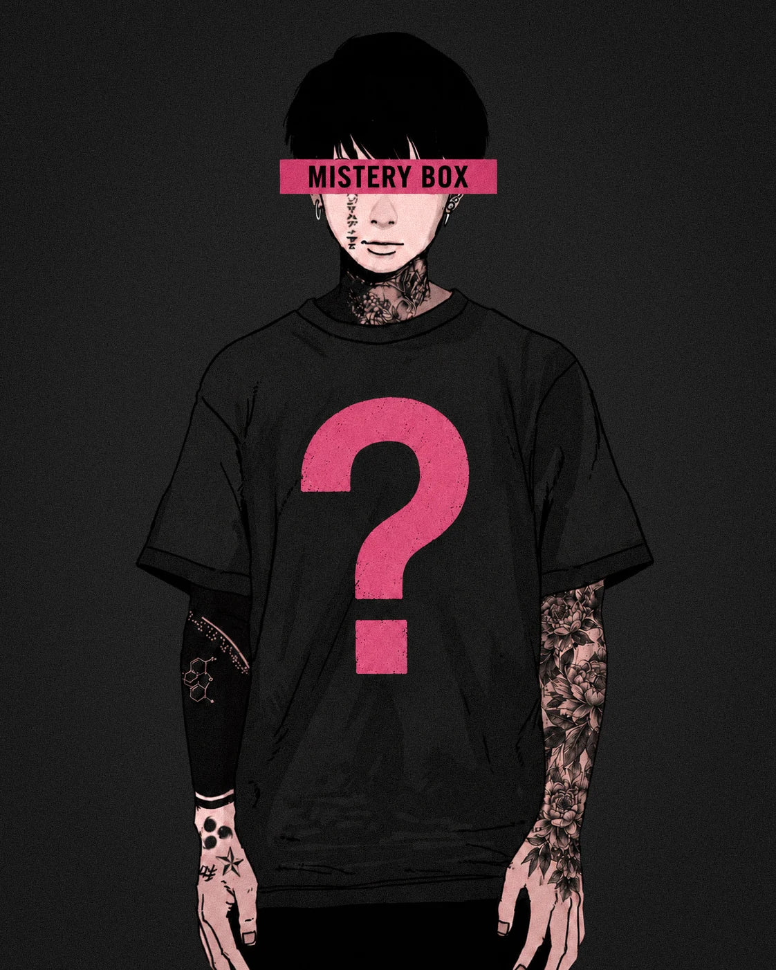 Ilustración de MISTERY BOX Camiseta: modelo tatuado con camiseta negra y signo de interrogación magenta; imagen ilustrativa del diseño sorpresa.
