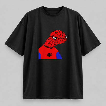 Camiseta SPOODERMAN NEXO Street: frente en seda fría negra 180 g, cuello angosto sin rib y estampado rojo y azul.