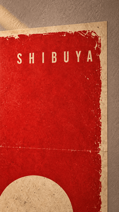 Detalle de la palabra Shibuya, la luna y la textura gráfica del poster SATORU GOJO.