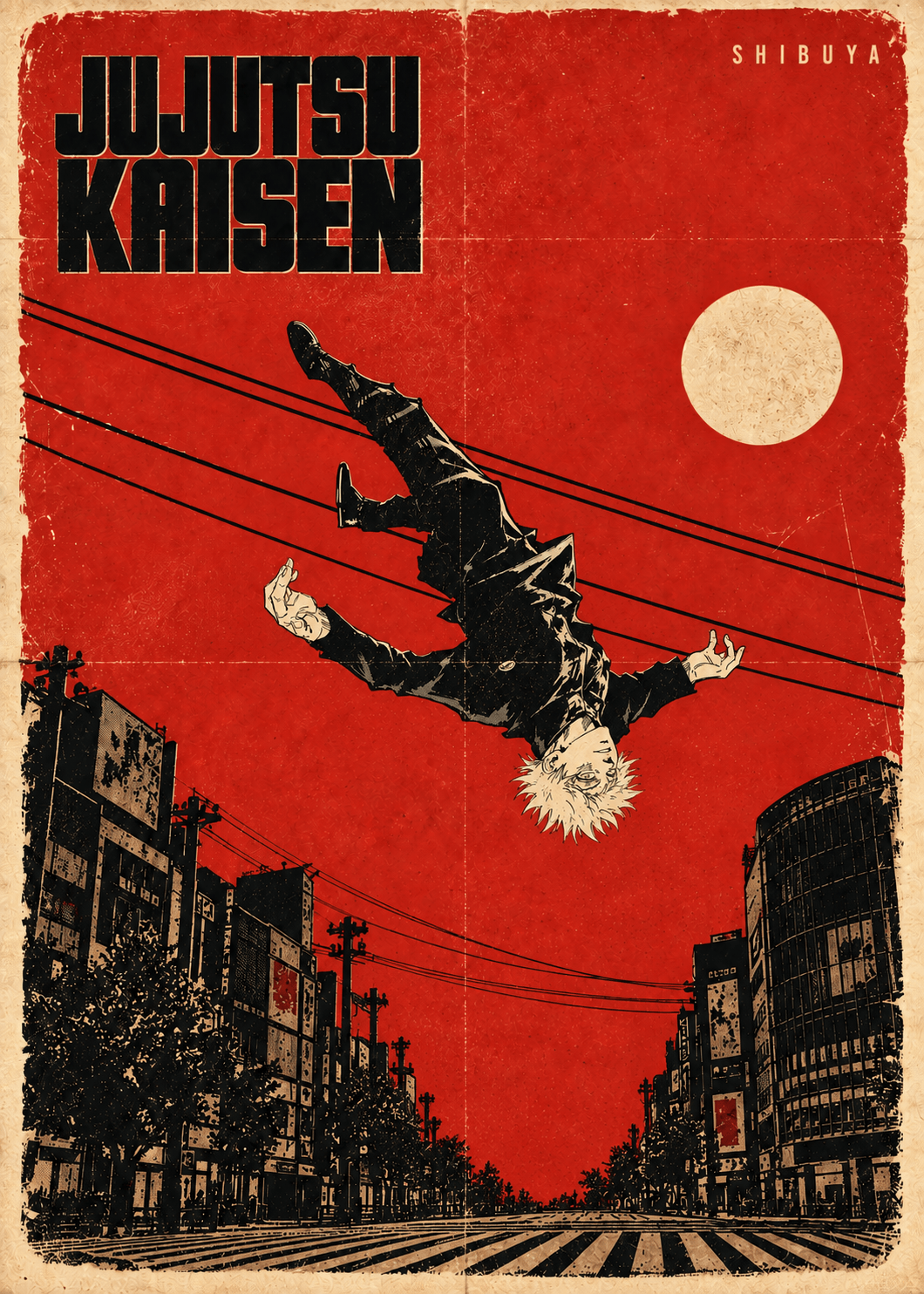 Arte del poster SATORU GOJO con fondo rojo, luna y paisaje urbano de Shibuya.