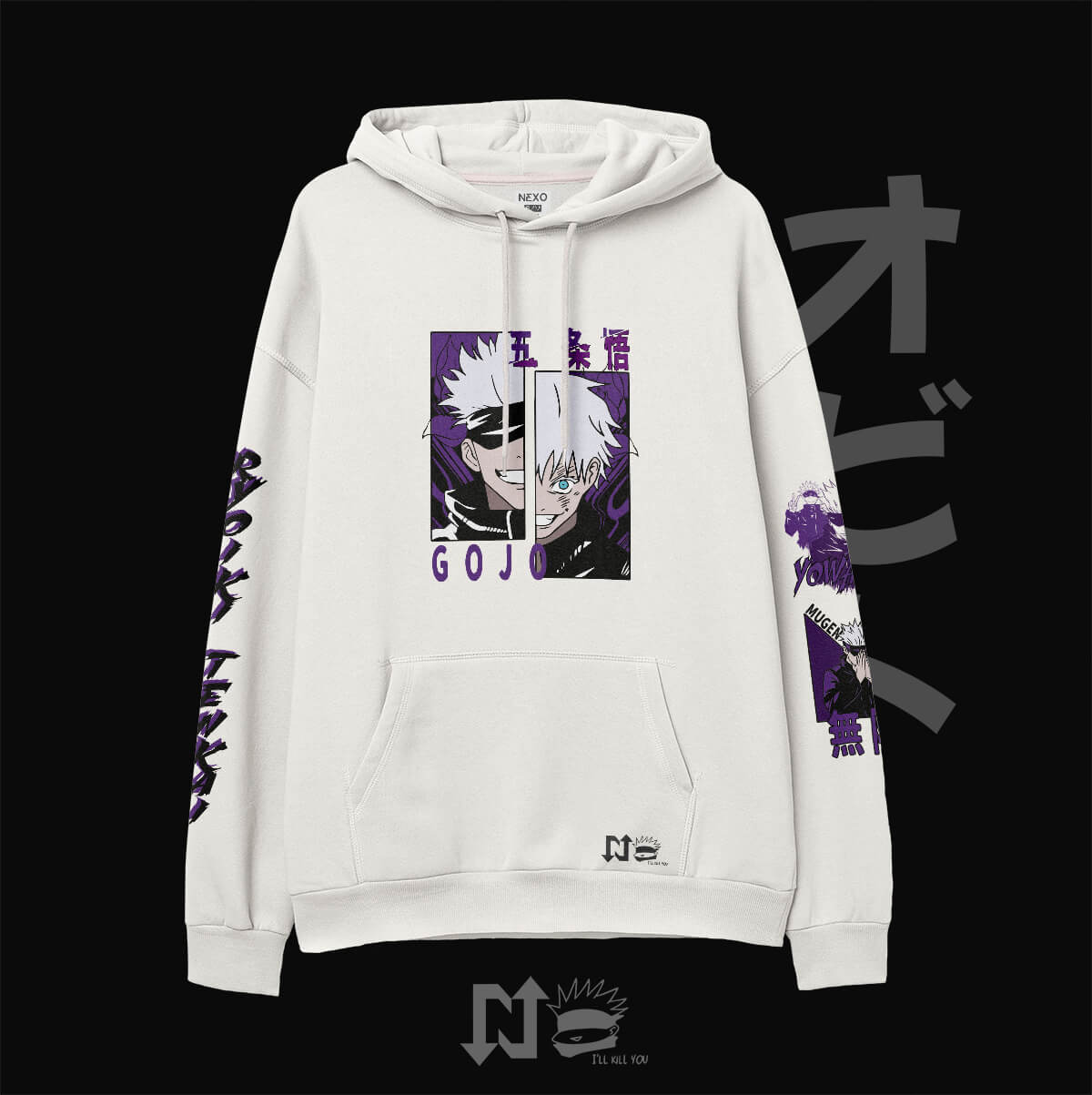 Hoodie oversize de Satoru Gojo (Jujutsu Kaisen) — detalle del arte — NEXO Street