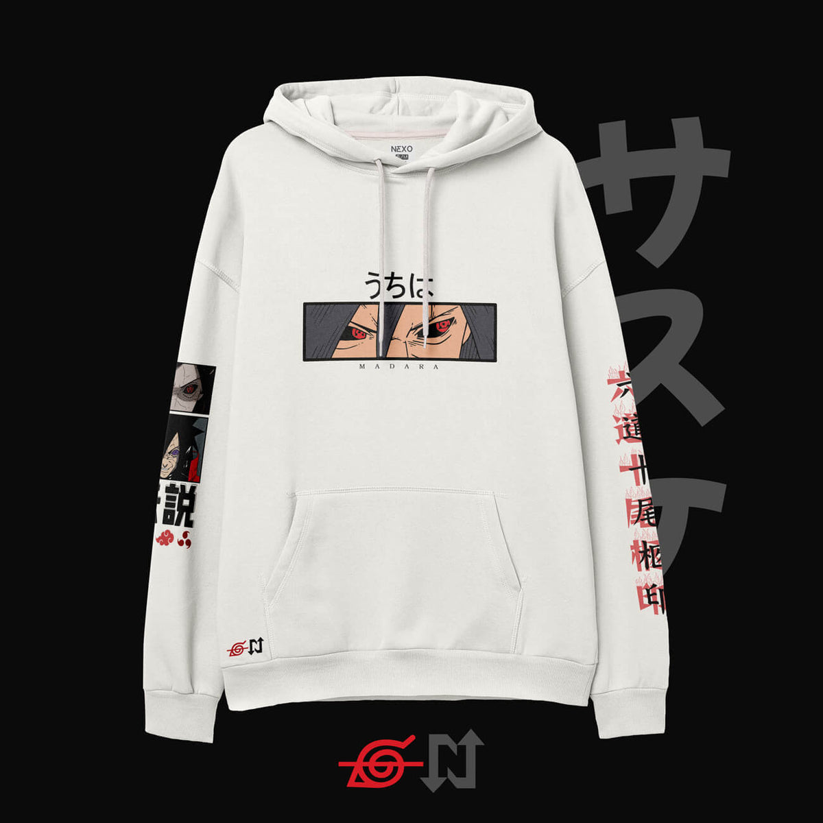 Hoodie oversize negro de Madara Uchiha (Naruto) — vista lateral — NEXO Street